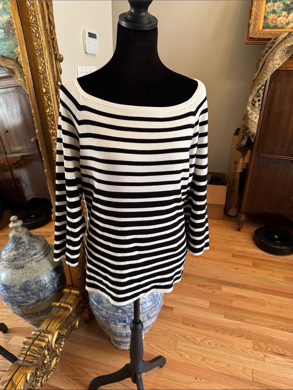 Chico's Black & White Striped Boatneck Long Sleeve Top